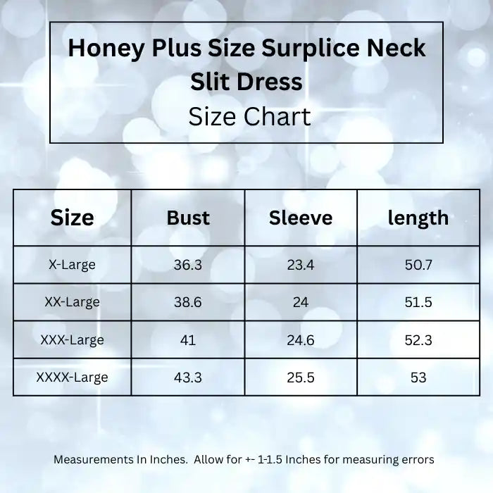 Plus size blue glitter dress size chart displaying measurements for X-Large to XXXX-Large with bust, sleeve and length dimensions