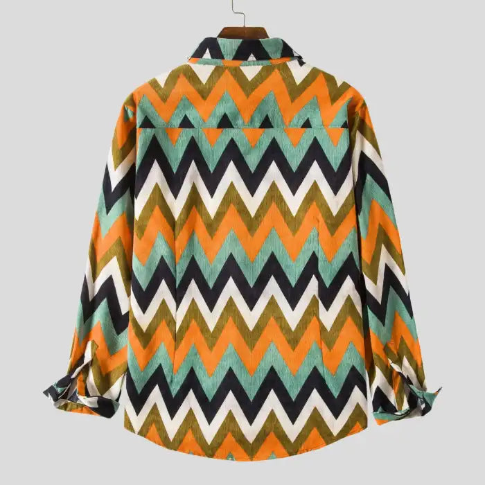  Back view of men's plus size long sleeve casual shirt with green, orange, black, and white chevron pattern