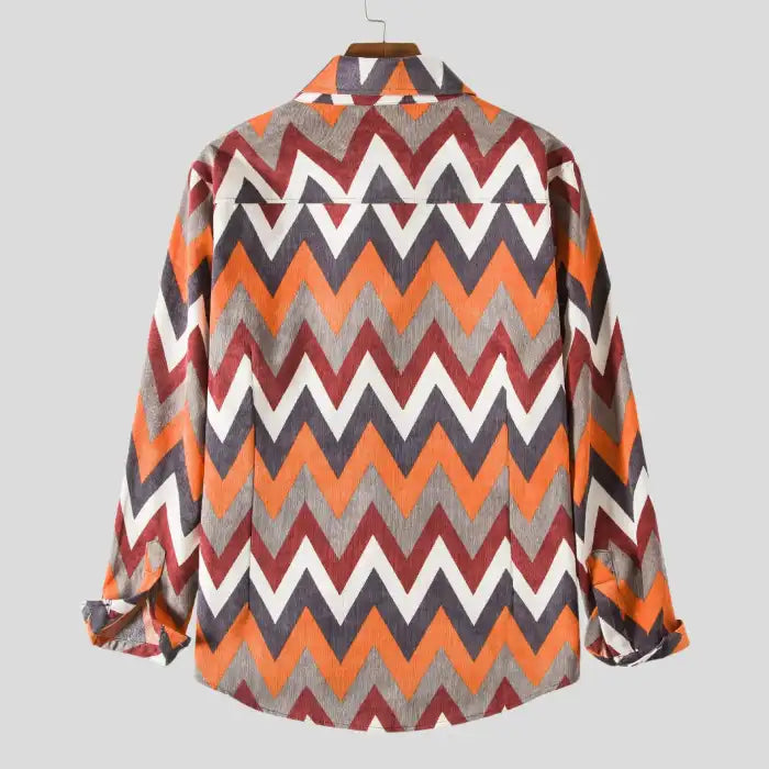 Back view of men's plus size long sleeve casual shirt with orange, red, gray, and white chevron pattern