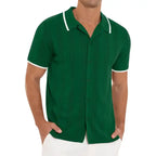  Plus size forest green button down shirt with textured knit and white sleeve edges