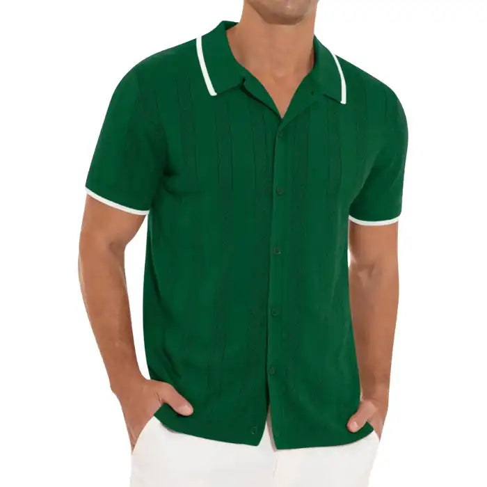  Plus size forest green button down shirt with textured knit and white sleeve edges