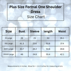Plus size formal one shoulder dress size chart showing bust, sleeve, length and waist measurements in inches for multiple size options.