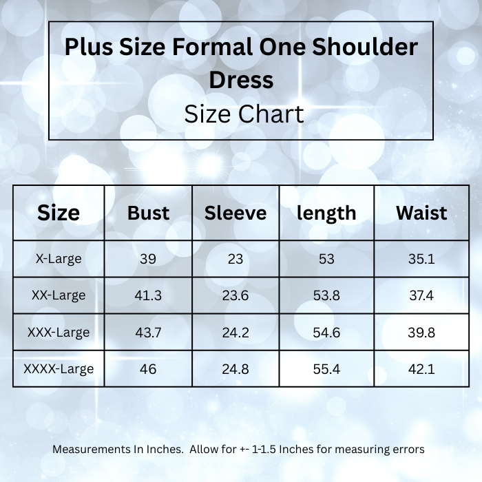 Plus size formal one shoulder dress size chart showing bust, sleeve, length and waist measurements in inches for multiple size options.