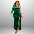 Plus size formal one shoulder dress in luxurious emerald velvet featuring twist-front detail, high slit and single long sleeve design.