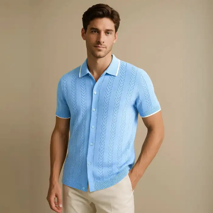  Plus size light blue button down shirt with short sleeves and textured knit pattern