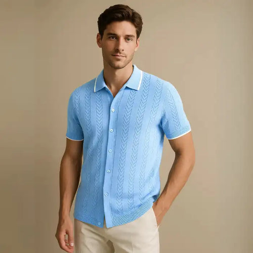  Plus size light blue button down shirt with short sleeves and textured knit pattern