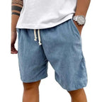  Plus Size Men's Corduroy Shorts in blue featuring drawstring waist and side pockets styled with white shirt.