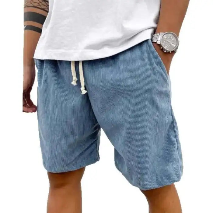  Plus Size Men's Corduroy Shorts in blue featuring drawstring waist and side pockets styled with white shirt.