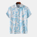 Plus size men's printed short sleeve shirt in blue and white leaf pattern with button front