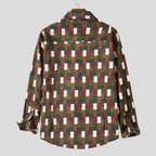  Plus size men's shirts showing back view with geometric multicolor pattern and long sleeves