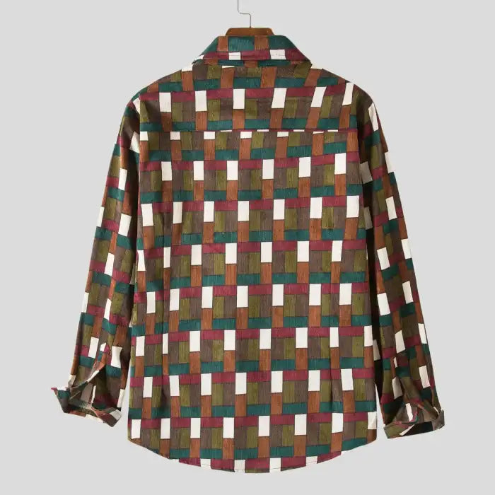  Plus size men's shirts showing back view with geometric multicolor pattern and long sleeves