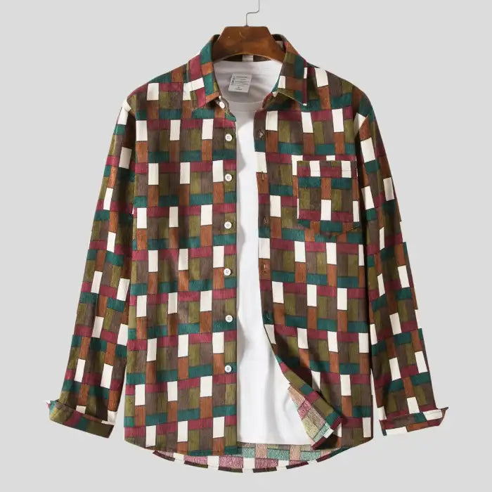  Plus size men's shirts with colorful geometric pattern and button-down front over white inner shirt
