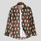  Plus size men's shirts with colorful geometric pattern and button-down front over white inner shirt