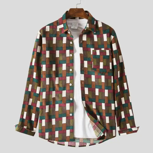  Plus size men's shirts with colorful geometric pattern and button-down front over white inner shirt
