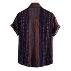  Back view of plus size polka dot short sleeve button-up shirt in navy blue with orange stripes and dots
