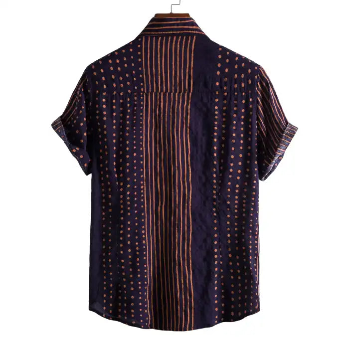 Back view of plus size polka dot short sleeve button-up shirt in navy blue with orange stripes and dots