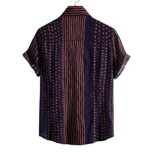  Back view of plus size polka dot short sleeve button-up shirt in navy blue with orange stripes and dots