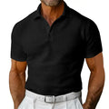  Plus size black polo shirt worn by a male model with short sleeves and a textured fabric design.