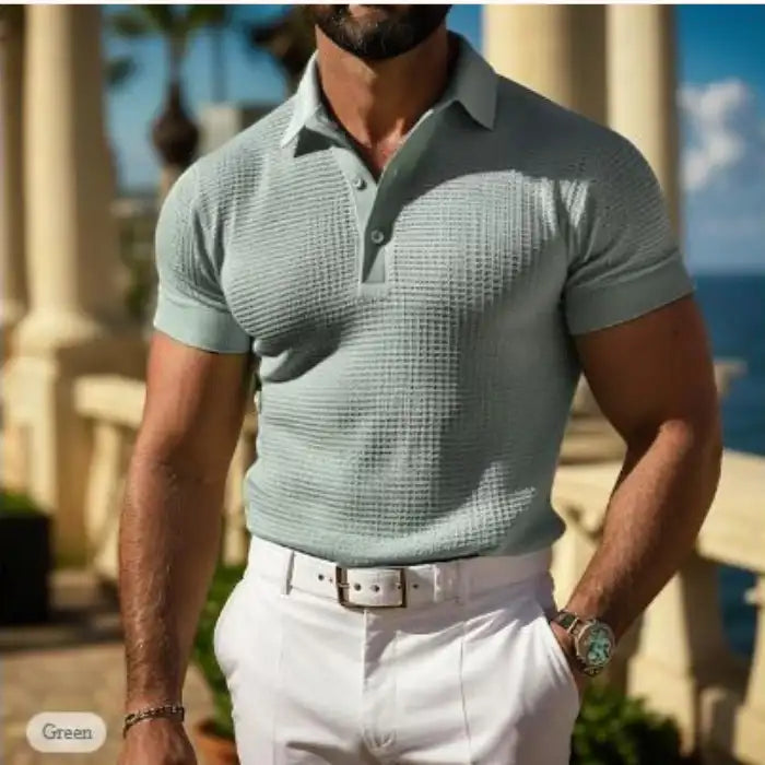  Plus size green polo shirt worn outdoors by a male model with a white belt and watch.