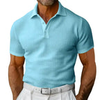  Plus size light blue polo shirt on male model featuring a waffle texture and short sleeves.