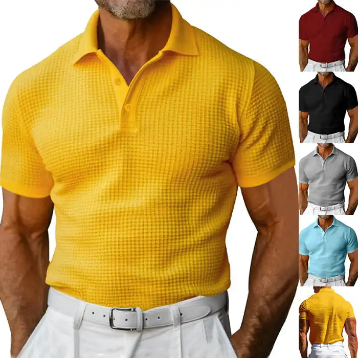 Plus size polo shirts shown in multiple colors including yellow, black, gray, blue, and red styles.