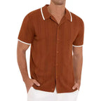 Plus size rust orange knit button shirt with short sleeves and white collar trim