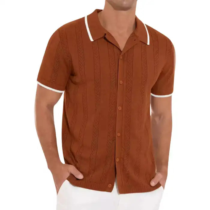 Plus size rust orange knit button shirt with short sleeves and white collar trim