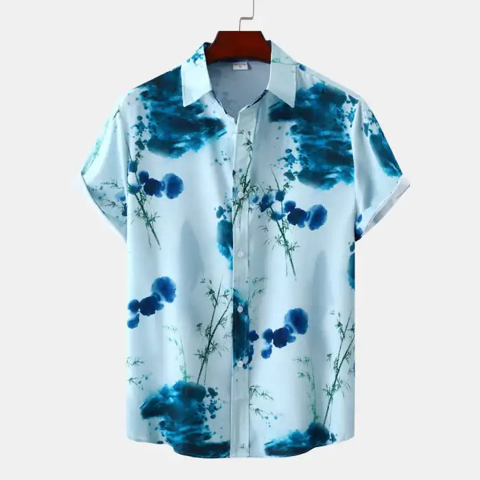 Plus size shirts in blue floral pattern with short sleeves and button-down collar front view