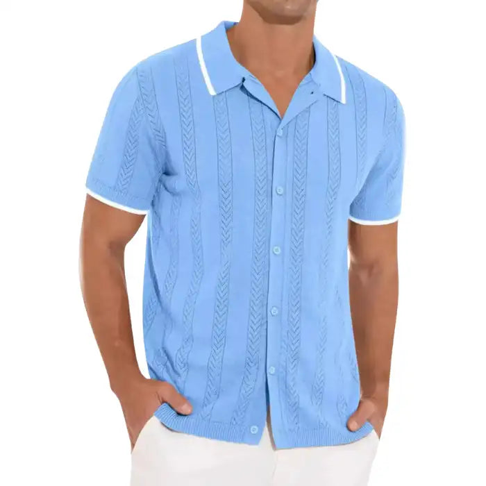 Plus size sky blue casual knit shirt with white trim on collar and sleeves