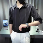 Plus size black striped button up casual shirt with rolled sleeves and white pants