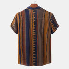Plus size striped shirts for men showing back view with multicolor vertical stripes and short sleeves