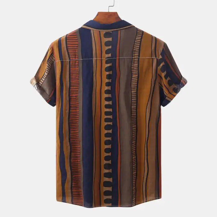 Plus size striped shirts for men showing back view with multicolor vertical stripes and short sleeves
