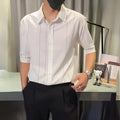  Plus size white striped button up casual shirt paired with black pants and a black mask