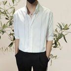  Plus size white striped button up casual shirt with long sleeves worn with black pants
