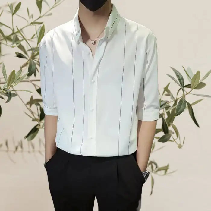  Plus size white striped button up casual shirt with long sleeves worn with black pants