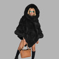 Plush Hooded Cape Coat in classic black faux fur with enveloping hood, luxury winter outerwear offering warmth comfort and elegance