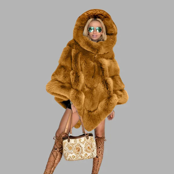Plush Hooded Cape Coat in rich brown faux fur with oversized hood, elegant winter outerwear designed for warmth comfort and luxury