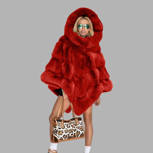 Plush Hooded Cape Coat in bold red faux fur with dramatic hood, premium winter outerwear delivering warmth confidence and style