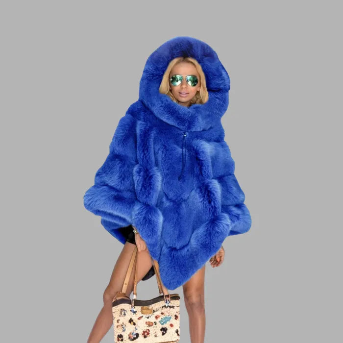 Plush Hooded Cape Coat in vibrant blue faux fur with oversized hood, premium winter outerwear bringing warmth comfort and bold style