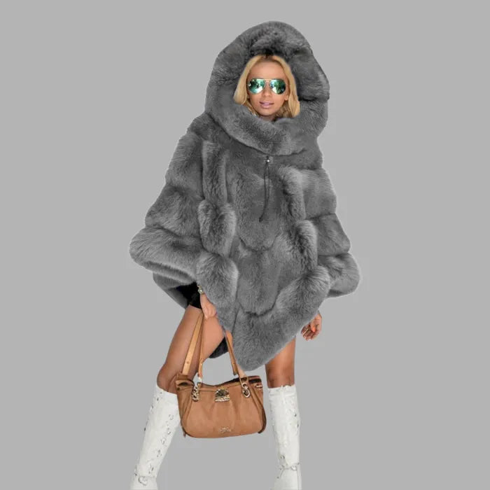 Plush Hooded Cape Coat in gray faux fur with oversized hood, luxury winter outerwear offering warmth comfort and style