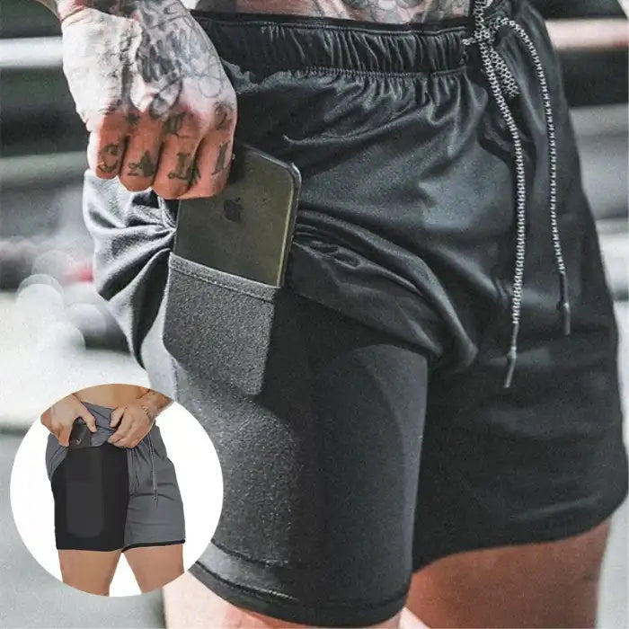 Pocket compression shorts in black with phone pocket, ideal for gym or fitness workouts.