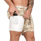 Camo print compression shorts with white inner pocket layer, storing smartphone on thigh.