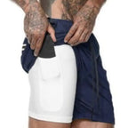 Navy and white pocket compression shorts with functional side pocket, perfect for training or running.