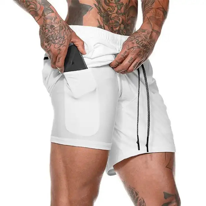White pocket compression shorts with fitted phone pocket ideal for activewear and performance.