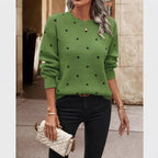polka dot sweater in gray knit with subtle black dots, relaxed fit delivers warmth and effortless modern style