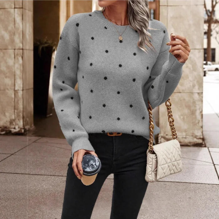 polka dot sweater in green knit with black dots styled casually, soft fabric offers cozy comfort for everyday wear