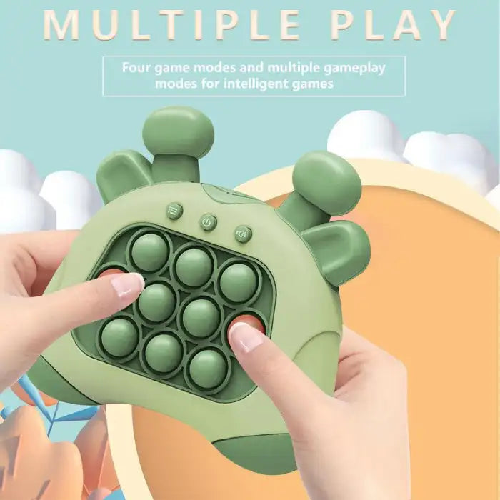 pop it game green toy showing gameplay with two hands pressing silicone bubbles
