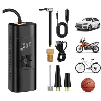 Portable air compressor with digital display, various attachments, and images of vehicles including car, motorcycle, bicycle, and basketball