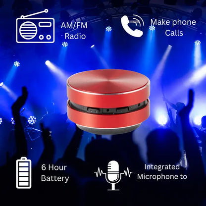 portable bluetooth speaker features showing AM/FM radio, phone calls, battery life and microphone against concert background