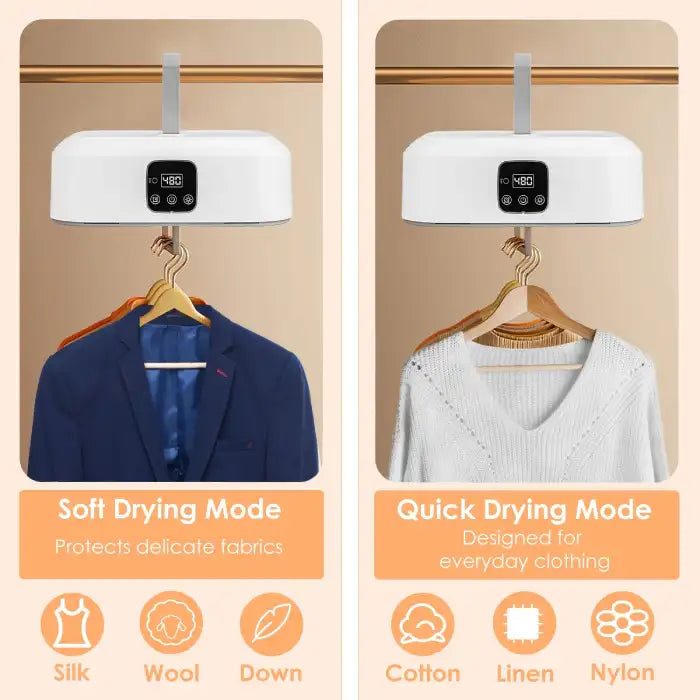 Portable cloth drier with soft and quick drying modes for fabrics like silk, wool, cotton, and nylon